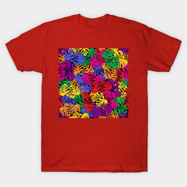 Colorful Tropical Monstera Deliciosa Plant Line Art On Black Pattern T-Shirt by 4U2NV-LDN